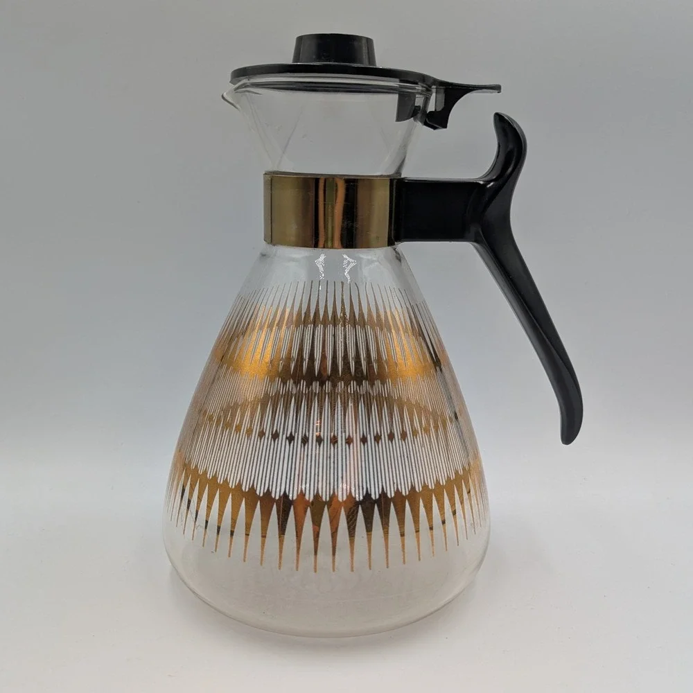 Pyrex Coffee Carafe Glass Gold Atomic Starburst MCM Server with Lid 8 Cup
